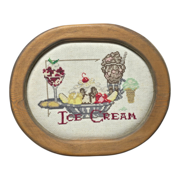 Vintage Hand Made Cross Stitch Ice Cream Inside a Wooden Hangable Frame - Picture 6 of 6
